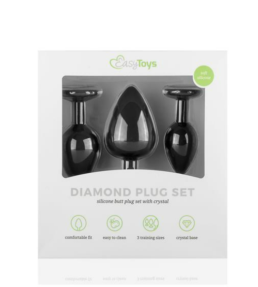 EASYTOYS PACK 3 BUTT PLUG WITH CRYSTAL SILICONE BLACK