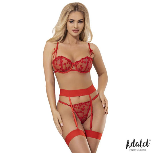 ADALET LINGERIE ZOEY BRA, THONG, AND GARTER BELT SET WITH HEARTS RED