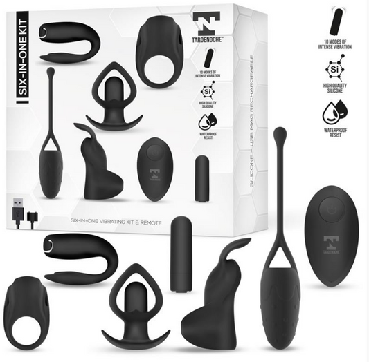 TARDENOCHE SIX-IN-ONE VIBRATING BULLET AND 6 SILICONE ACCESSORIES KIT